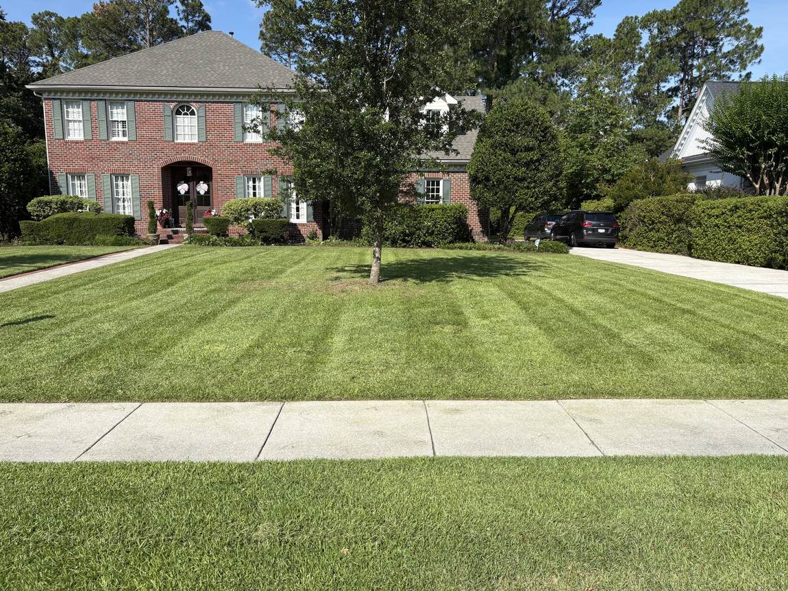 Wide striped lawn in front of a brick colonial