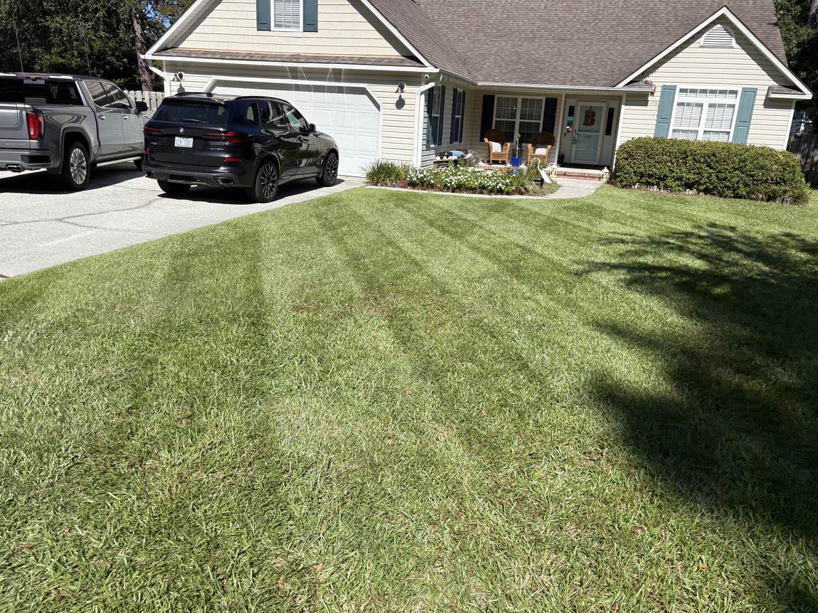 Deep stripes across a ranch-home front lawn